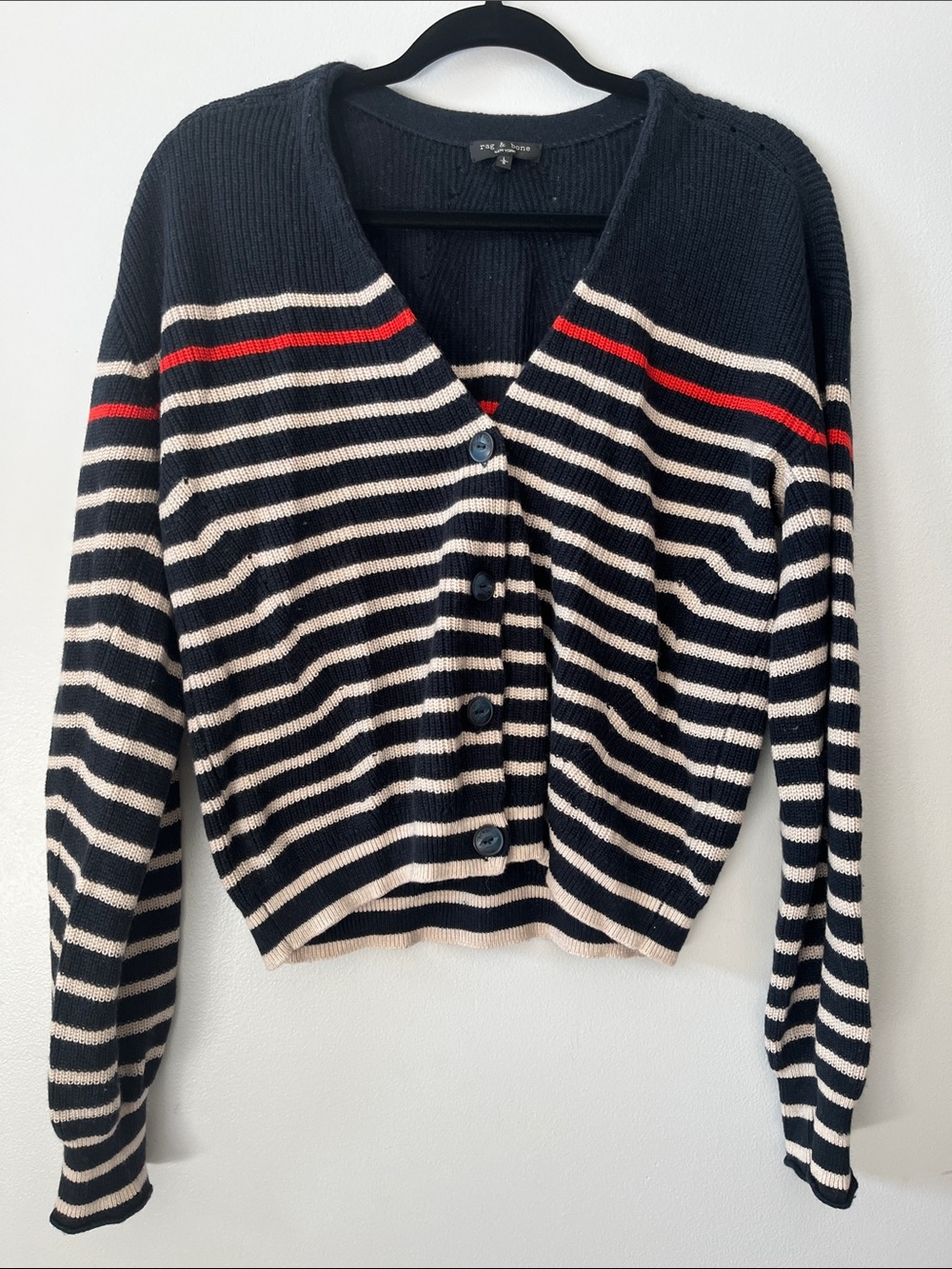 Rag & Bone Ann striped cardigan navy blue white red stripes Americana sweater